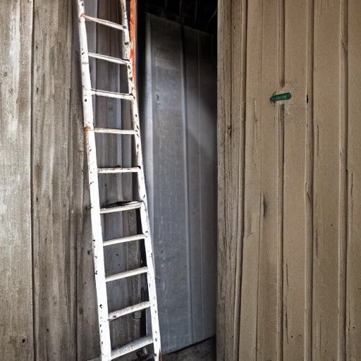 Prompt: photo of a ladder in a shed leading down to a nostalgic bedroom portal dimension, surreal dream photo