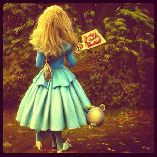 Prompt: “Alice in wonderland, Alice, whimsical, realism, trending on Artstation”