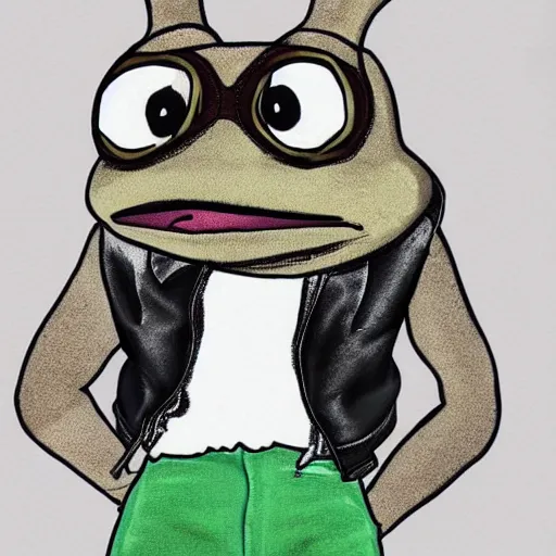 Image similar to pepe the frog head from 4chan on the body of a cartoon dog wearing a leather jacket and jeans