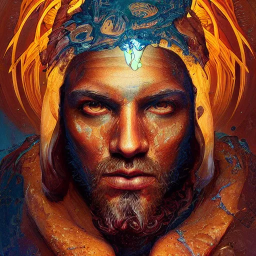 Prompt: melted zeus starring into the camera, fixed eyes, lightning, surreal, dramatic lighting, face, detailed, intricate, elegant, highly detailed, digital painting, artstation,, concept art, smooth, sharp focus, illustration, art by sam spratt, dan mumford, artem demura and alphonse mucha