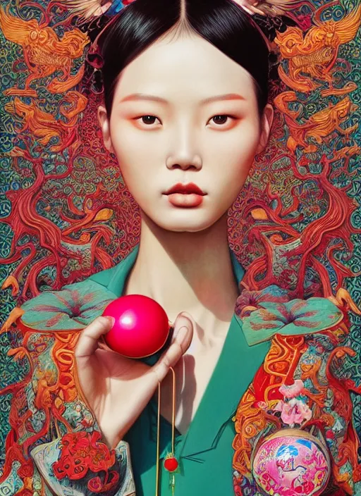 Image similar to pretty chinese model with hallucination mushroom : : by martine johanna and simon stalenhag and chie yoshii and casey weldon and wlop : : ornate, dynamic, particulate, rich colors, intricate, elegant, highly detailed, vogue, harper's bazaar art, fashion magazine, smooth, sharp focus,