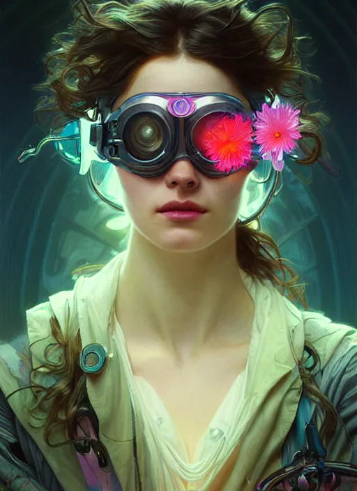 Image similar to lovely woman wearing futuristic goggles in distress, neon flowers, ultra realistic, concept art, intricate details, eerie, highly detailed, photorealistic, 8 k, unreal engine. art by artgerm and greg rutkowski and magali villeneuve, alphonse mucha