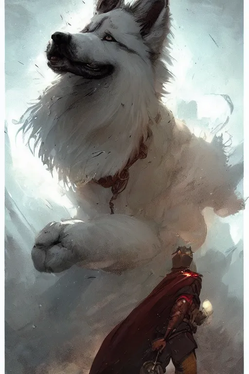 Prompt: comic book cover. heroic samoyed dog in mage clothes by greg rutkowski, trending on artstation