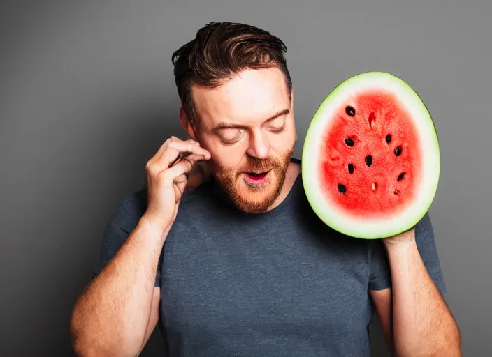 Prompt: photo still of a man with a watermelon for a head, 8 k, studio lighting bright ambient lighting key light, 8 5 mm f 1. 8