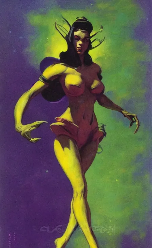 Prompt: princess of zothique, by frank frazetta, alien landscape, vibrant colors, yellow purple green, minimalist