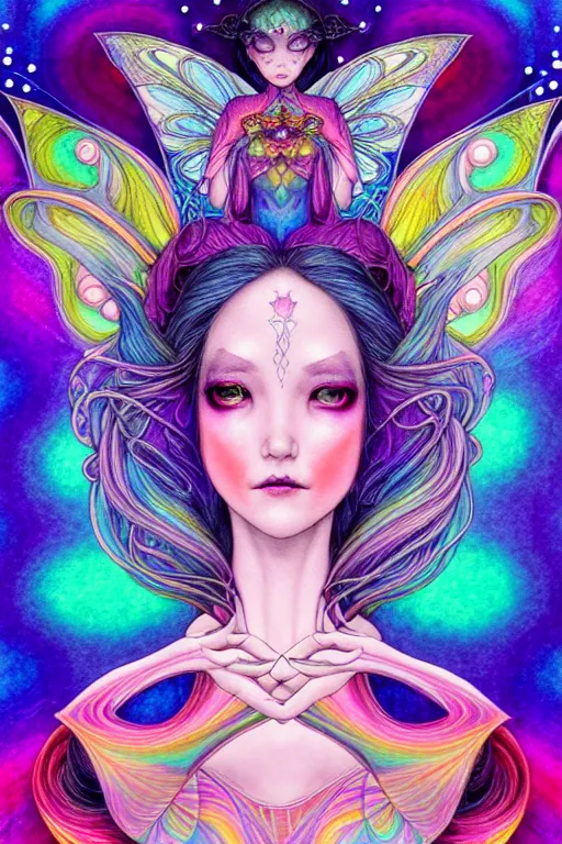 Prompt: the empress, fairy angel, detailed, kaleidoscope, psychedelic, cosmic energy by Kelly McKernan, yoshitaka amano, hiroshi yoshida, moebius, artgerm, cool tone pastel rainbow colors, inspired by dnd, iridescent aesthetic, centered symmetrical and detailed