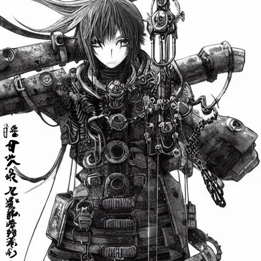 Prompt: a vertical portrait of an anime character in a scenic environment by yoshitaka amano and nihei tsutomu, black and white, dreamy, steampunk armor, highly detailed