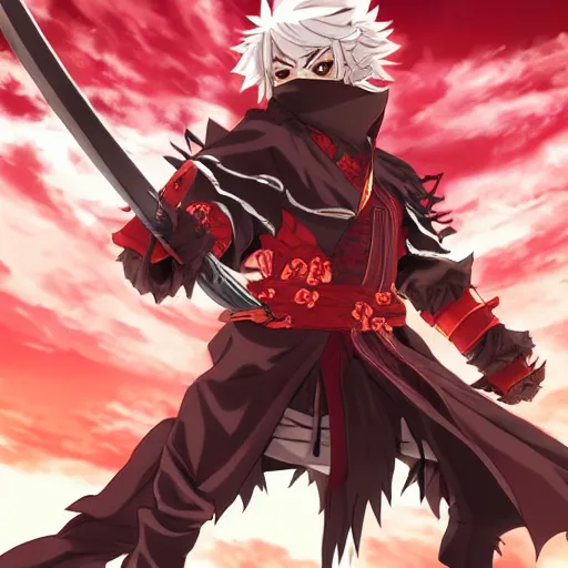 Prompt: handsome guy in demon slayer art, anime style, 4k , detailed, detailed face, high quality, smooth, sharp focus, beautiful scene, face high detail, mask, red background, detailed clothes, detailed hair, fight scene, sword