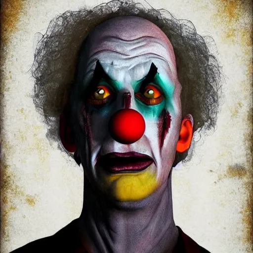 Prompt: profile portrait of a male clown horror, horror movie characters, horror movie icons, orange dawn, hyperrealistic