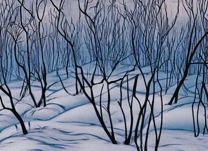 Image similar to minimalist charred wooded snowdrift landscape from mulan ( 1 9 9 8 )