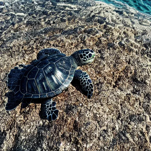 Image similar to a turtle on a rock looking at the sea, macro 8mm photo, the camera is behind the turtle