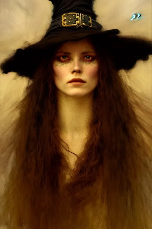 Image similar to a half body portrait of witch wearing witch dress and hat, high detail, cleary see face, by gaston bussiere, bayard wu, greg rutkowski, odd nerdrum, maxim verehin, dan dos santos, masterpiece, sharp focus, cinematic lightning