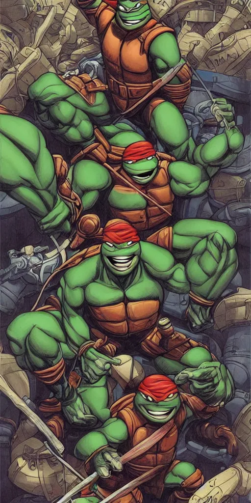 Image similar to Teenage mutant ninja turtle comic book cover illustration by brom