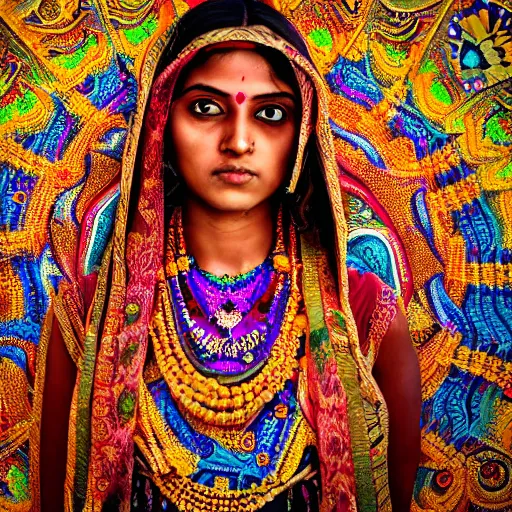 Image similar to photograph of an indian hindu woman in an intricate beautiful dress, ornate, psychedelic, hdr 4 k, award - winning photograph, national geographic