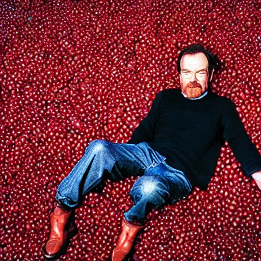 Image similar to tiny bryan cranston's body is a bowl of cranberries, head submerged in cranberries, natural light, sharp, detailed face, magazine, press, photo, steve mccurry, david lazar, canon, nikon, focus