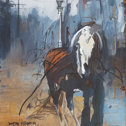 Image similar to painting of a man on a horse in a Dublin alleyway, painted by George Bellows, 1905