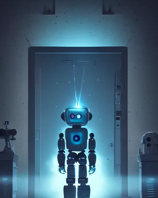 Image similar to a robot standing in front of a glowy open door that's on a barren moon, poster art by mike winkelmann, trending on cg society, space art, sci - fi, ue 5, futuristic, volumetric lighting, light casting onto the ground, neat composition and camera angle