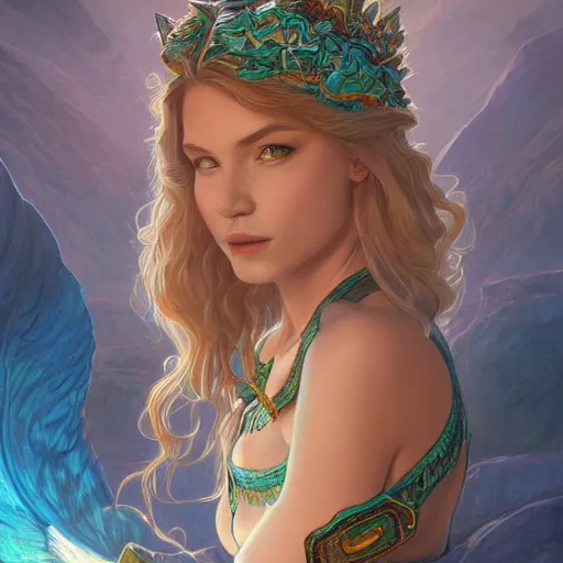 Image similar to quetzalcoatl glowing with magic, aquamarine hair, female, glacier landscape, D&D, fantasy, intricate, elegant, highly detailed, digital painting, artstation, concept art, matte, sharp focus, illustration, art by Artgerm and Greg Rutkowski and Alphonse Mucha