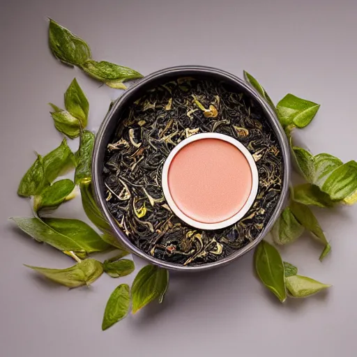 Prompt: mystical lush tea leaf flora, product shoot, studio lighting