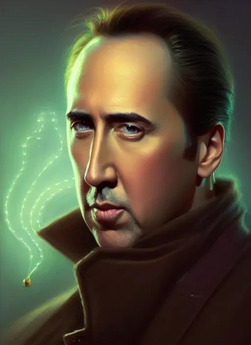 Prompt: portrait of nicholas cage, intricate, elegant, glowing lights, highly detailed, digital painting, artstation, glamor pose, concept art, smooth, sharp focus, illustration, art by artgerm and greg rutkowski, artey freytag