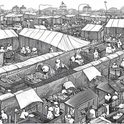 Image similar to a black and white drawing of a busy fish market stretching to the horizon, a storybook illustration by mattias adolfsson, behance contest winner, modern european ink painting, matte drawing, storybook illustration, panoramic, isometric