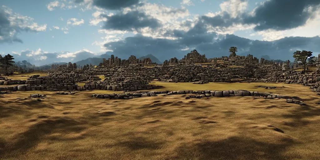 Image similar to sacsayhuaman, unreal 5, hyperrealistic, realistic, photorealistic, dynamic lighting, highly detailed, cinematic landscape, studio landscape, studio lighting