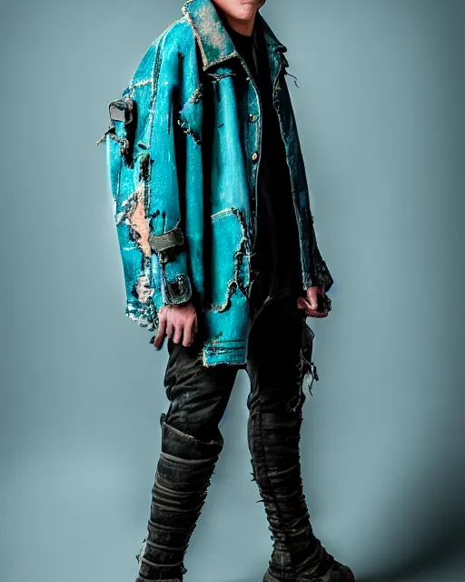 Prompt: an award - winning photo of a male model wearing a baggy teal distressed menswear moto jacket inspired by medieval armor designed by issey miyake, 4 k, studio lighting, wide angle lens