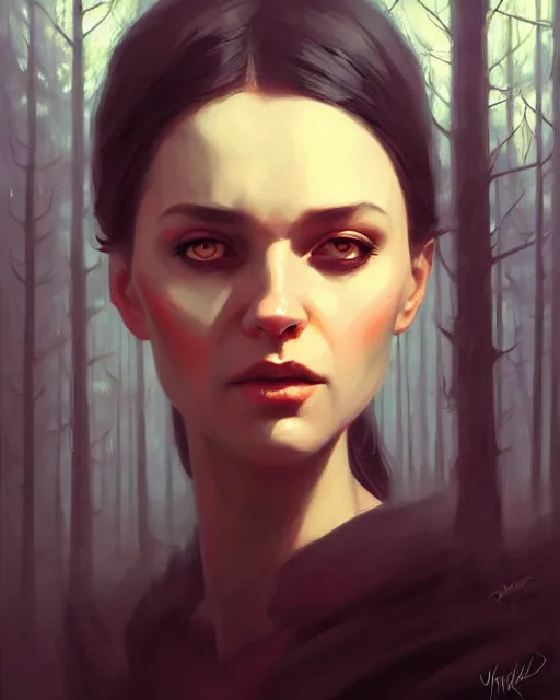 Image similar to stylized portrait of an artistic pose, composition, old ugly horror witch forest dark surrounded by nature, realistic shaded, fine details, realistic shaded lighting poster by ilya kuvshinov, magali villeneuve, artgerm, jeremy lipkin and michael garmash and rob rey