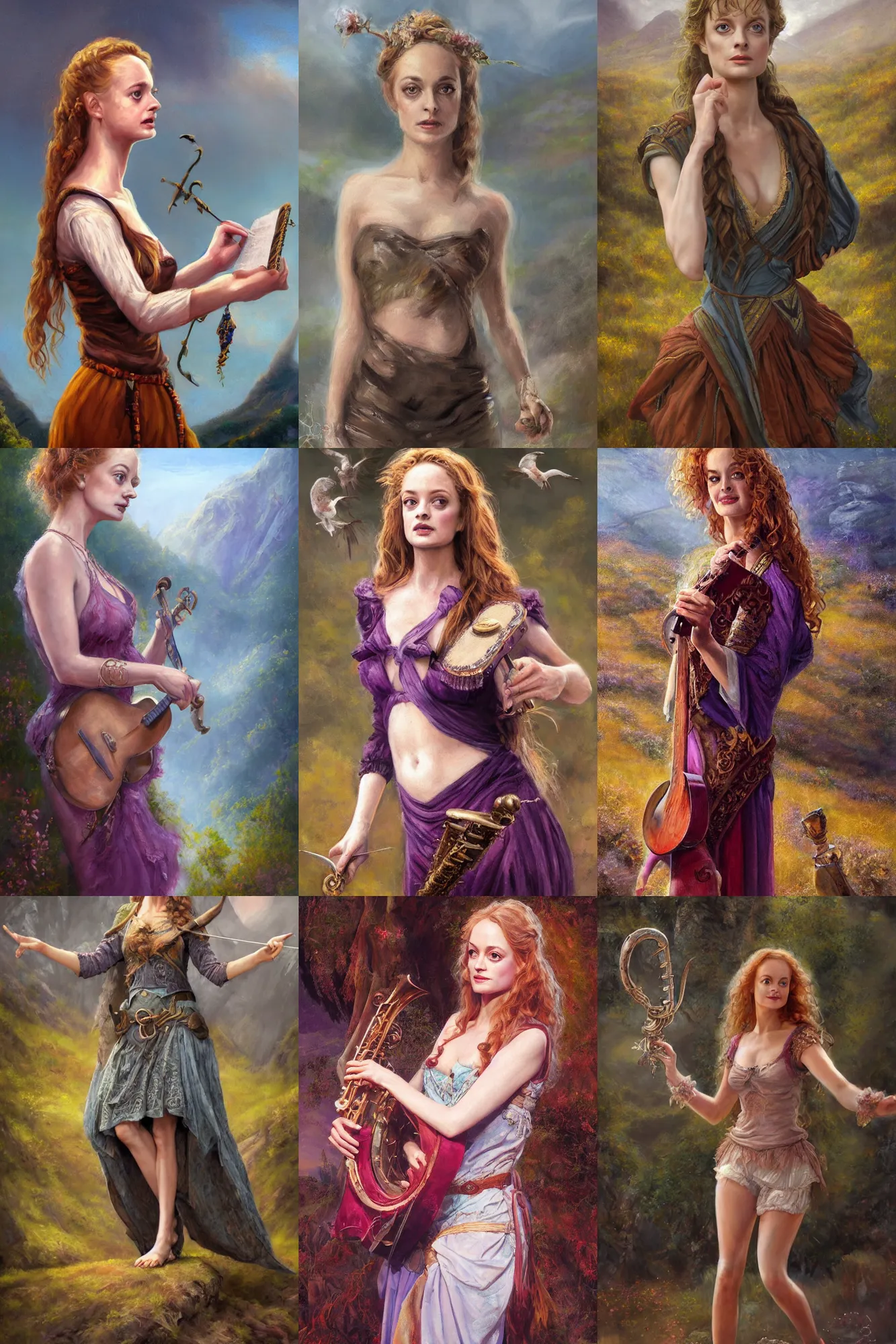 Image similar to a full body high detail fantasy portrait oil painting illustration of young heather graham as a beautiful sophisticated singing bard woman by justin sweet with face and body clearly visible, in a scenic background, pupils visible, realistic proportions, d & d, rpg, forgotten realms, artstation trending, high quality, sombre mood, artstation trending, muted colours, entire person visible!