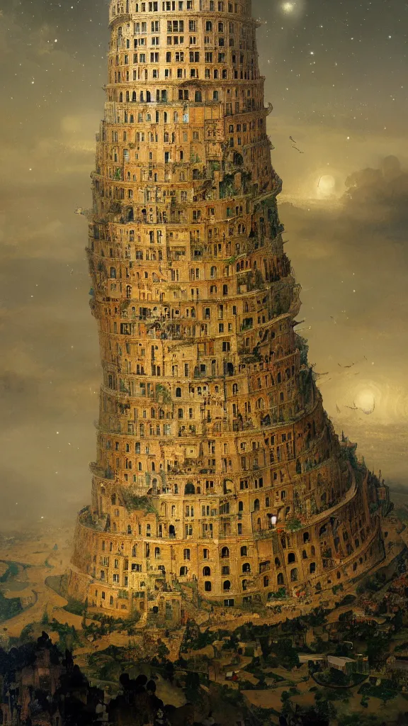 Image similar to a beautiful painting of bruegel's tower of babel, at night with a sky full of stars, intricate, elegant, highly detailed, digital painting, artstation, concept art, by krenz cushart and artem demura and alphonse mucha