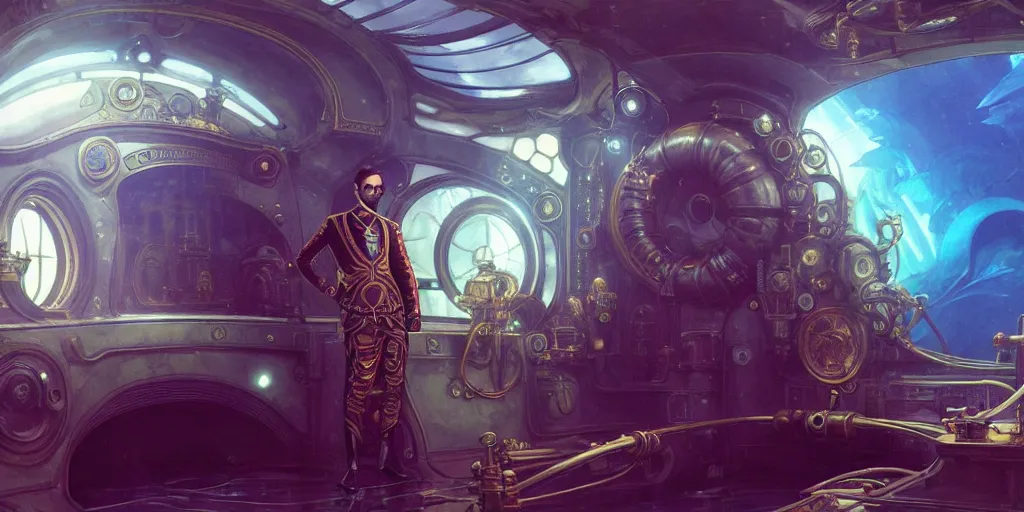 Image similar to Captain Nemo in his submarine, steampunk, octane renderer, 8K, sparsely lit, art by artgerm and greg rutkowski and alphonse mucha