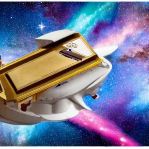 Prompt: federation starship enterprise travelling at warp speed through the milky way galaxy, side by side with a milky way chocolate bar