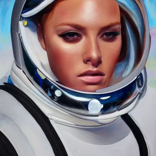 Image similar to fashion model in futuristic astronaut suit, portrait, hyperrealism oil painting