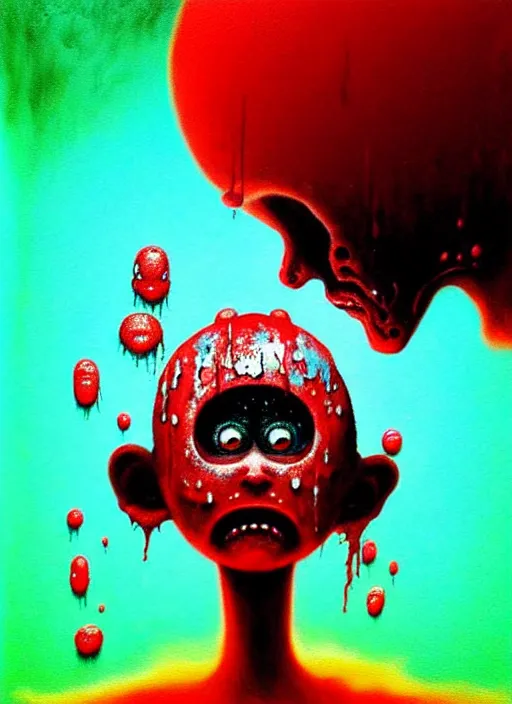 Image similar to a dramatic emotional hyperrealistic pop surrealist oil panting of a sad sobbing grotesque kawaii vocaloid figurine caricature sobbing red in the face uglycrying with tears and snot featured in dead space hill 2 by beksinski made of dripping paint splatters in the style of madballs, 😭 🤮 💕 🎀