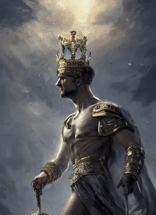 Image similar to vladimir putin as a magnificent beautiful greek god in a giant crown by greg rutkowski