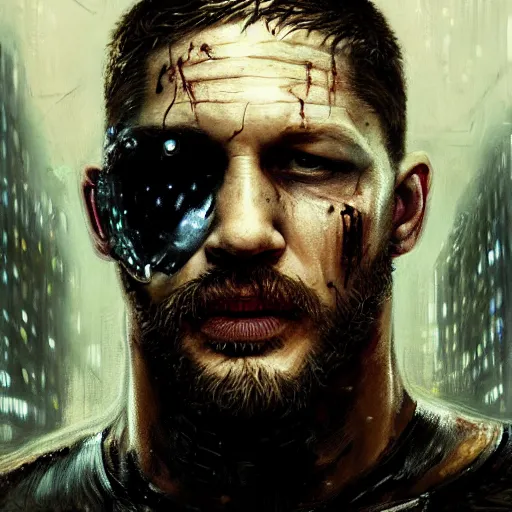 Image similar to tom hardy, cyborg, implant, hacker, cyberpunk, painted by seb mckinnon, high detail, dramatic light, digital art, painted by greg rutkowski, promotional movie posterart, trending on artstation