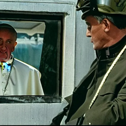 Prompt: movie frame, movie still, movie advertisement poster, the pope in the main role in saving private james ryan