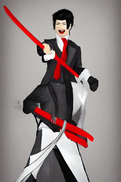Image similar to man with black hair in a white suit and a red tie wielding a katana, concept art, 8 k, trending on deviant art.