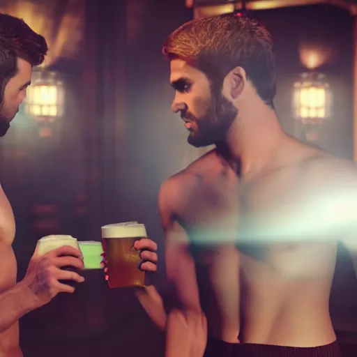Image similar to cinematic scene with attractive male and another attractive male, no shirts, shorts, drinking their hearts out, in the pub, high definition, very detailed, volumetric lighting, still frame