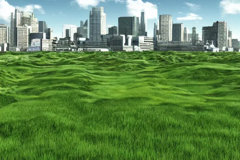 Prompt: a ( ( grass land ) ) and a rejuvenating city!!!!!, 4 k, 8 k, photorealistic landscape, landscape imagery, 4 k luminous lighting, volumetric lighting,