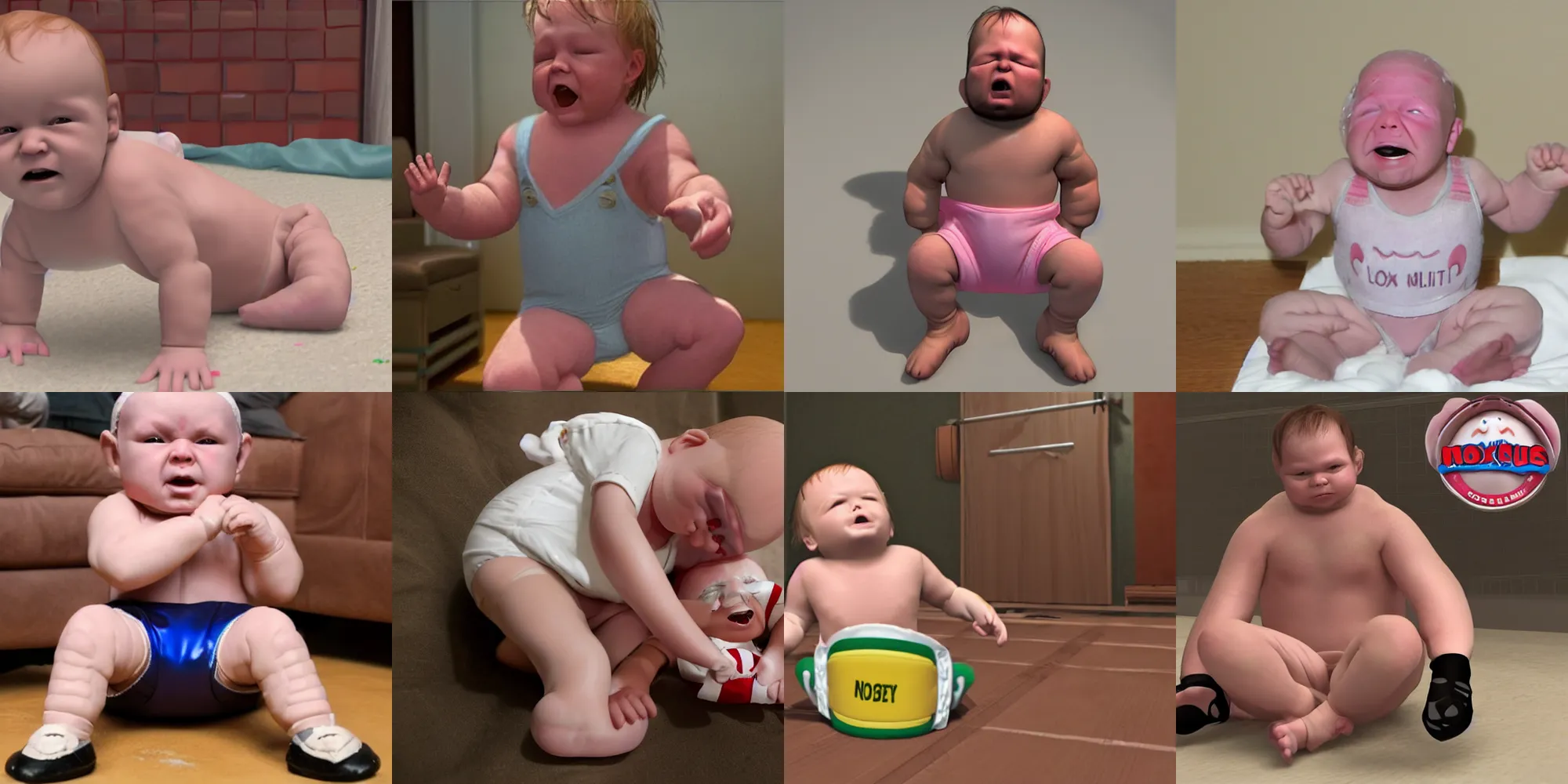 Prompt: wrestler moxley dressed as a baby in need of a diaper changing, 8 k, 3 d, childs bedroom, angry, crying