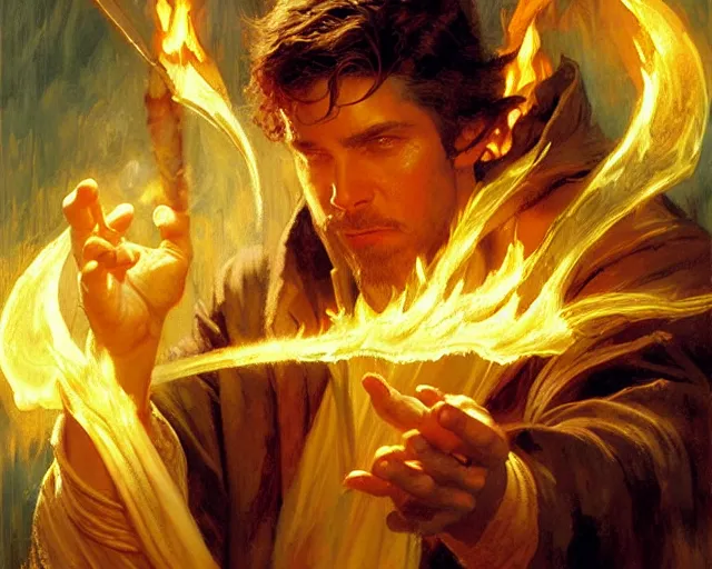 Image similar to attractive male wizard casting powerful fire spell. highly detailed painting by gaston bussiere, craig mullins, j. c. leyendecker 8 k