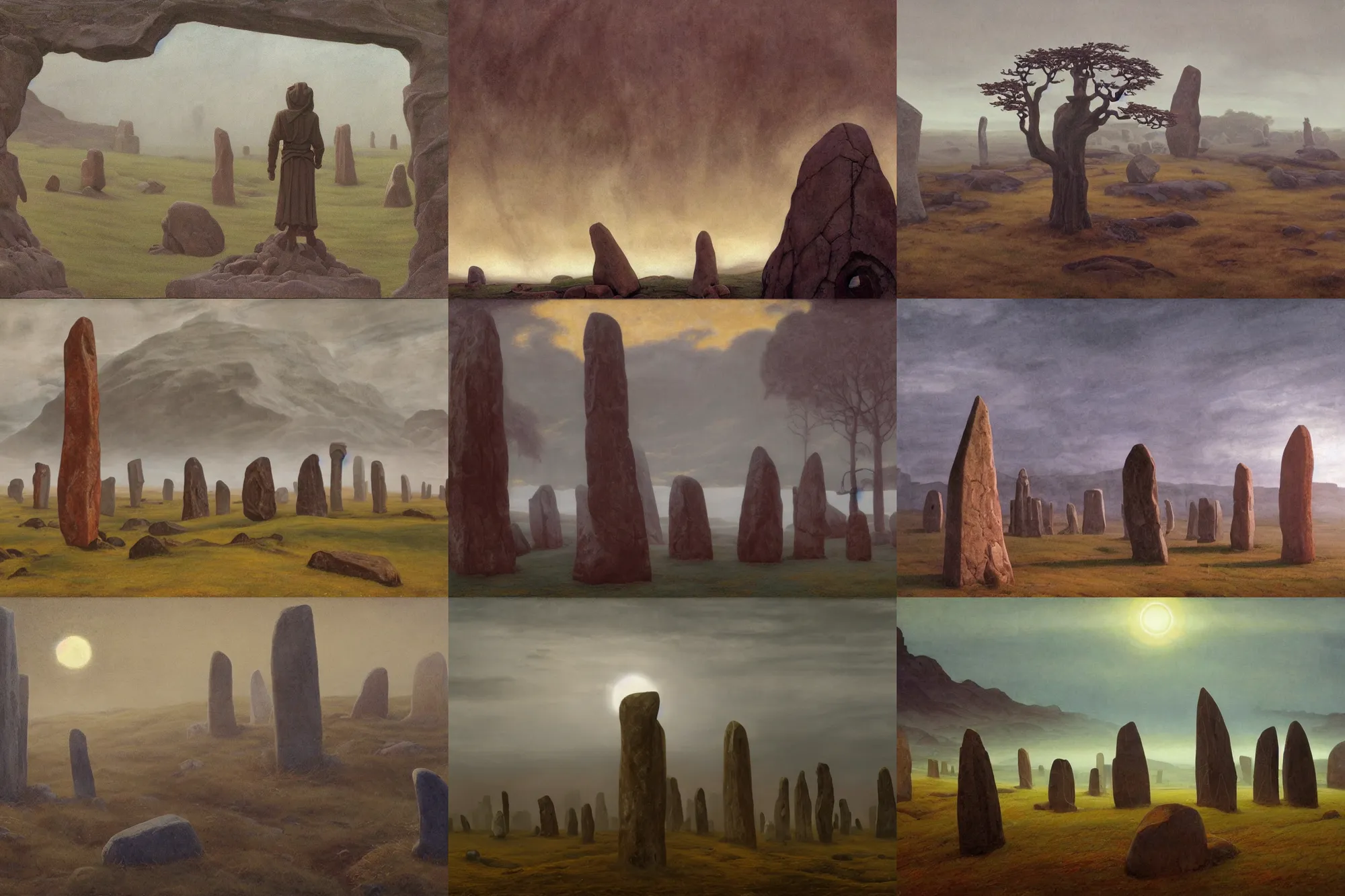 Prompt: circle of standing stones in the fog, dramatic cinematic lighting, mysterious ancient carvings, rich colors, by William Dyce and ford madox brown and April Gornik and Caspar David Friedrich and Diego Rivera and Tyler Edlin and Nicholas Roerich