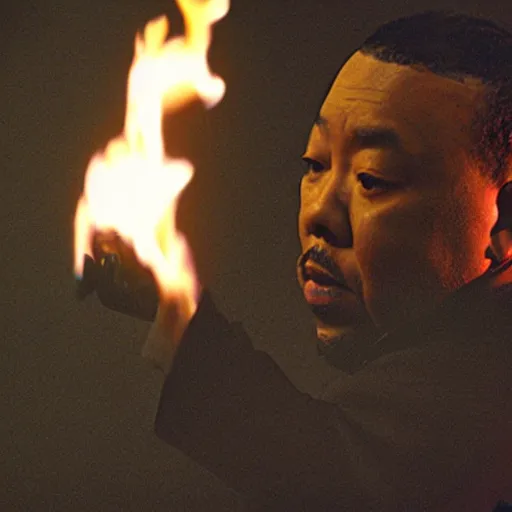 Image similar to cinematic film still of Timbaland starring as a Japanese Sensei with fire, Japanese CGI, VFX, 2003, 40mm lens, shallow depth of field, film photography