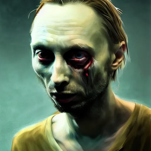 Image similar to young thom yorke as a zombie, 7 days to die zombie, fine art, award winning, intricate, elegant, sharp focus, cinematic lighting, rimlight, digital painting, 8 k concept art, art by z. w. gu, art by brom, art by michael hussar, 8 k