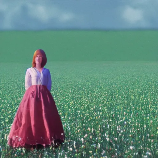 Image similar to a 1 9 7 7 beautiful woman and a 3 d rendering of a smiley apple in a meadow, color film still 1 9 7 7, tarkovsky
