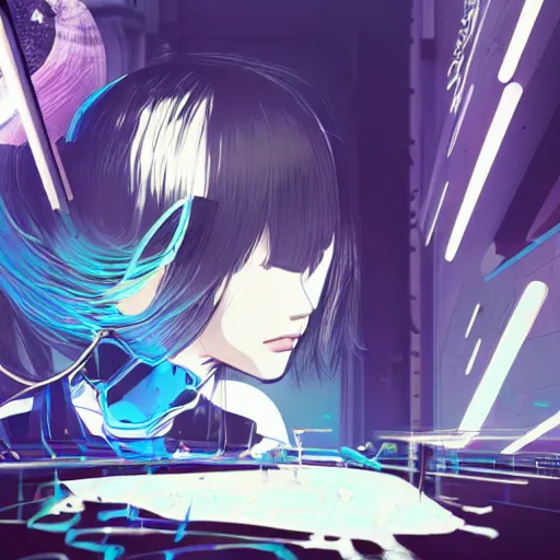 Image similar to Frequency indie album cover, luxury advertisement, blue filter, blue and black colors. Clean and detailed post-cyberpunk sci-fi close-up schoolgirl in asian city in style of cytus and deemo, blue flame, relaxing, calm and mysterious vibes, by Tsutomu Nihei, by Yoshitoshi ABe, by Ilya Kuvshinov, by Greg Tocchini, nier:automata, set in half-life 2, GITS, Blade Runner, Neotokyo Source, Syndicate(2012), dynamic composition, beautiful with eerie vibes, very inspirational, very stylish, with gradients, surrealistic, dystopia, postapocalyptic vibes, depth of field, mist, rich cinematic atmosphere, perfect digital art, mystical journey in strange world, beautiful dramatic dark moody tones and studio lighting, shadows, bastion game, arthouse