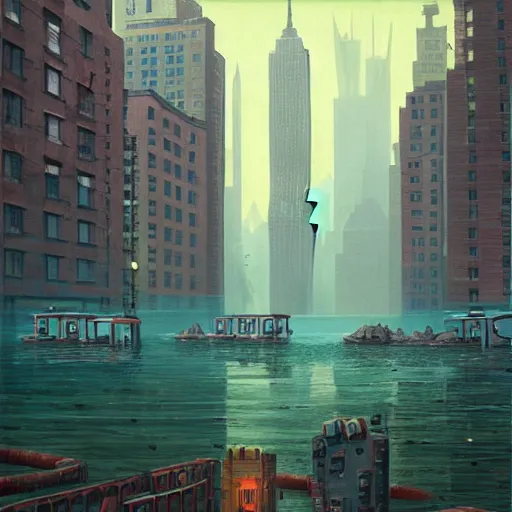 Image similar to New York under water by Simon Stålenhag and Grant Wood