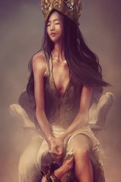 Image similar to a young asian woman with shoulder length hair and strong facial bone structure, queen and ruler of the universe, sitting on her throne, young handsome caucasian men kneeling at her feet, digital painting, highly detailed, intricate, elegant, trending on artstation, art by wlop