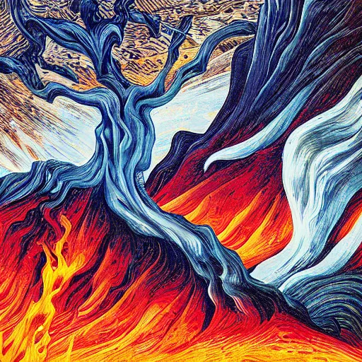 Image similar to vulcano, lava, trees on fire by dan mumford and umberto boccioni, oil on canvas